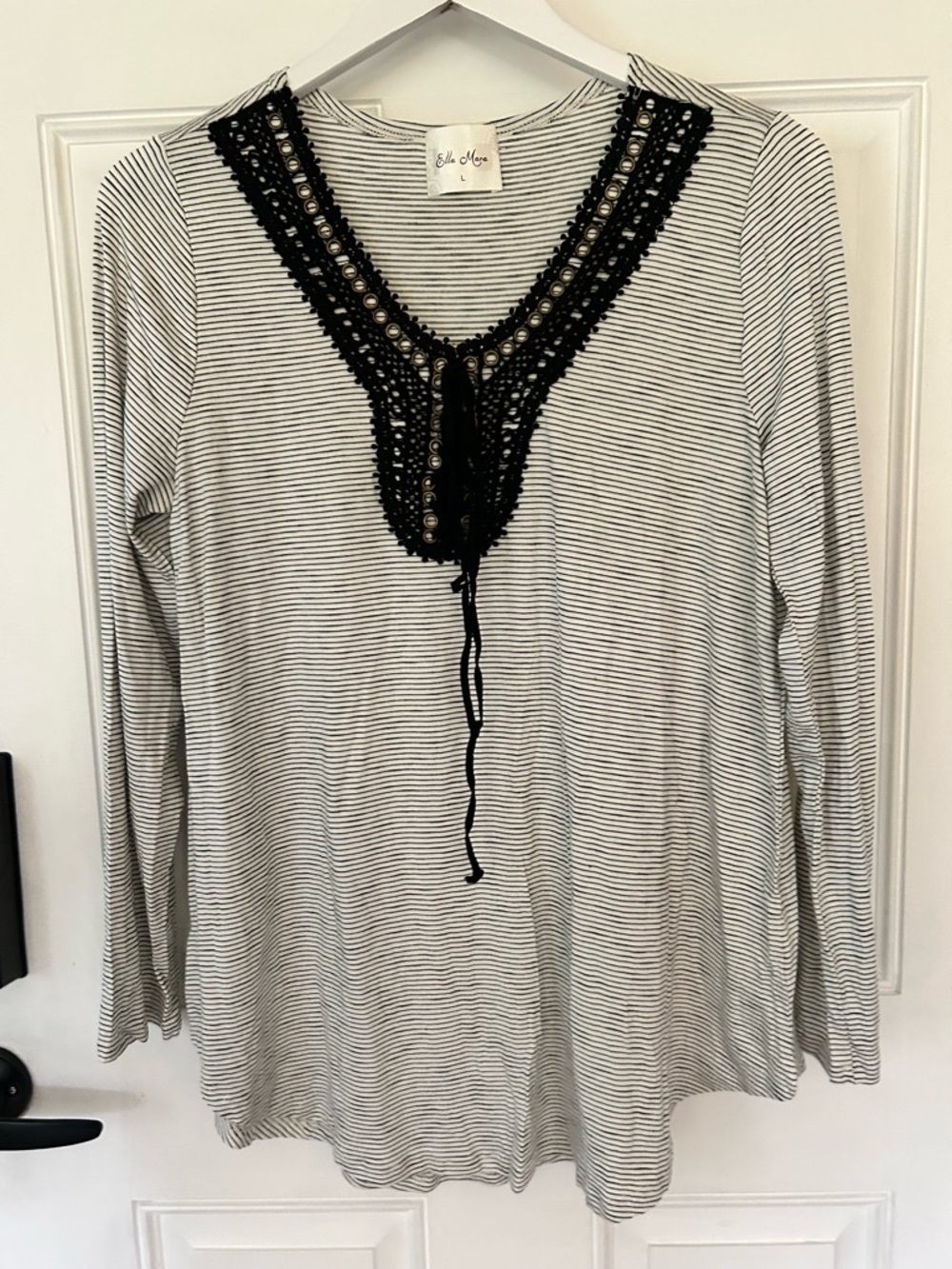 Elle Noir Black & White Striped Long-Sleeve Tee with Crochet V-Neck